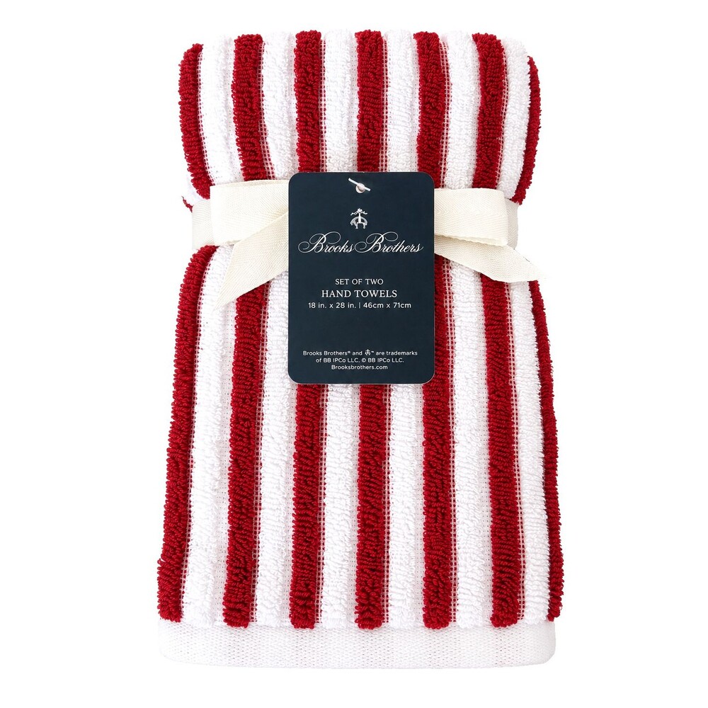 Brooks Brothers Luxury Hand Towels Red White Striped 100% Cotton 18x28 Set of 2